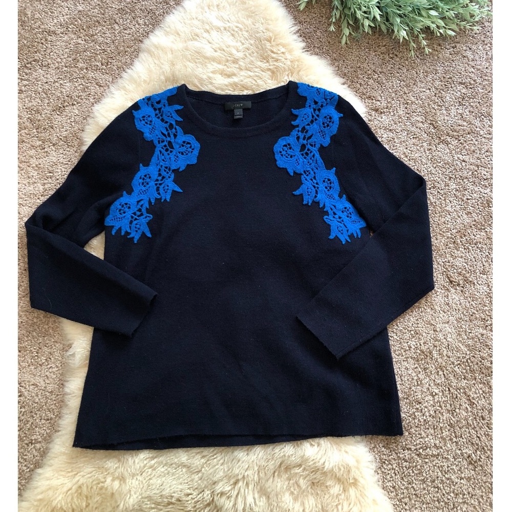 J Crew merino wool navy sweater w crochet detail